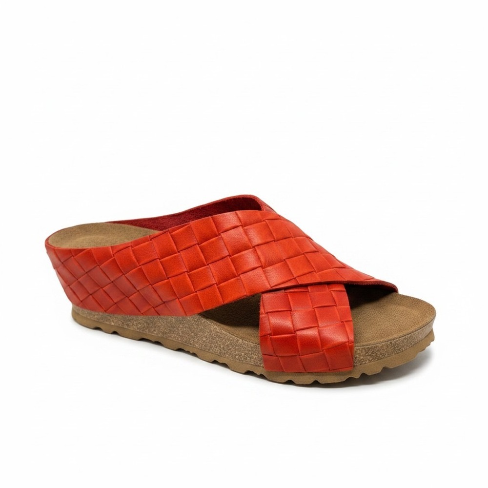 Yokono Womens Red Woven Leather Criss Cross Slip On Cork Wedge Sandals Size 9